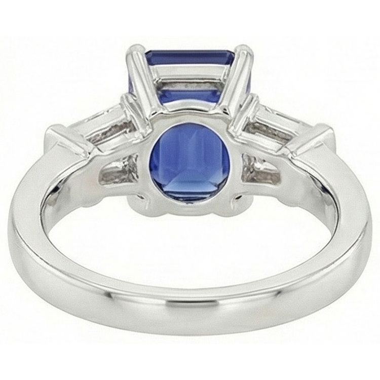 Bague de fiançailles saphir bleu émeraude 3 pierres diamant 2.50 carats