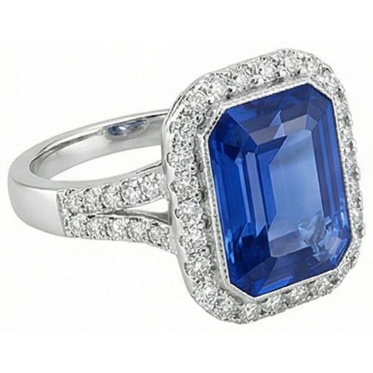 Bague de fiançailles saphir bleu émeraude sertie de diamants halo 4 carats