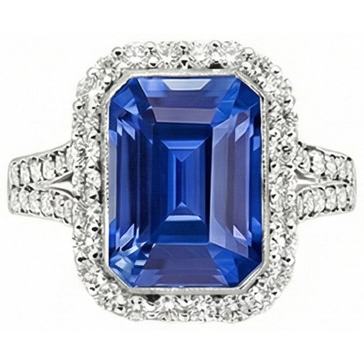 Bague de fiançailles saphir bleu émeraude sertie de diamants halo 4 carats