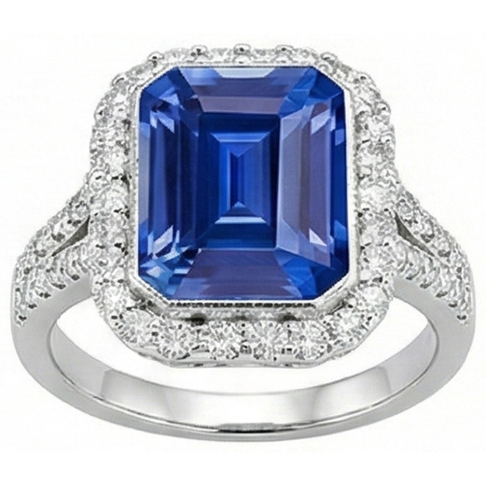 Bague de fiançailles saphir bleu émeraude sertie de diamants halo 4 carats