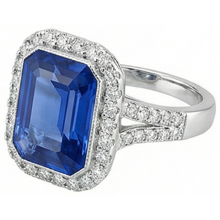 Bague de fiançailles saphir bleu émeraude sertie de diamants halo 4 carats