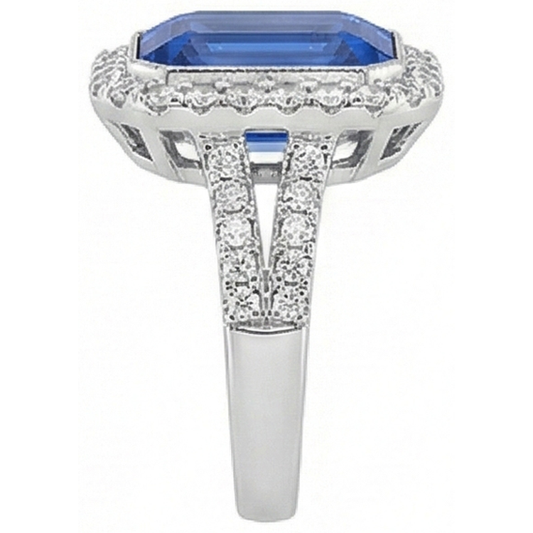 Bague de fiançailles saphir bleu émeraude sertie de diamants halo 4 carats