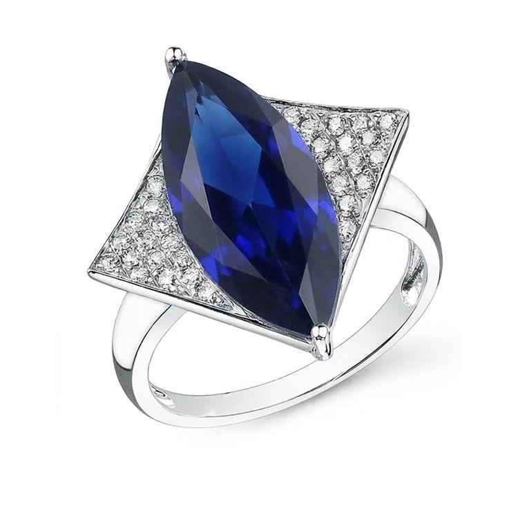 Bague de fiançailles saphir bleu marquise avec petits diamants 5.50 carats