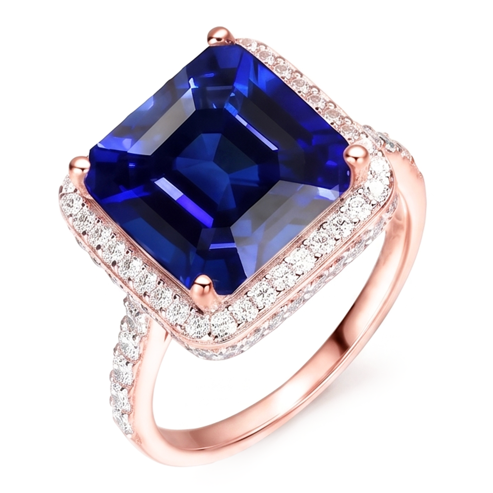 Bague de fiançailles saphir halo bicolore 14 carats 6 carats sertie de diamants