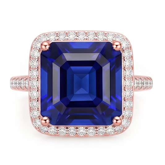 Bague de fiançailles saphir halo bicolore 14 carats 6 carats sertie de diamants