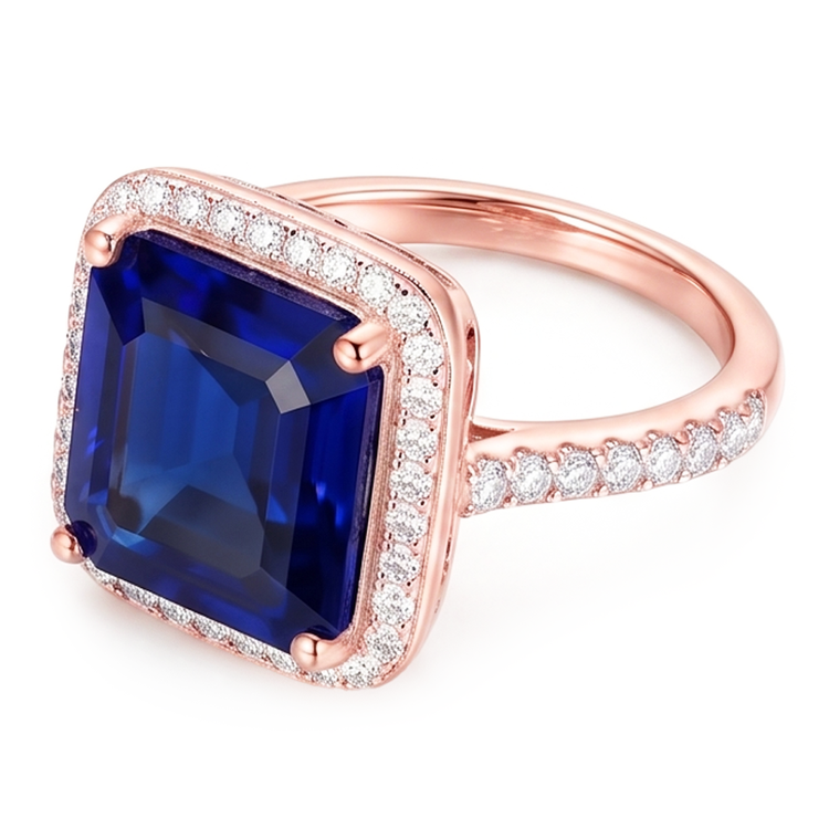 Bague de fiançailles saphir halo bicolore 14 carats 6 carats sertie de diamants
