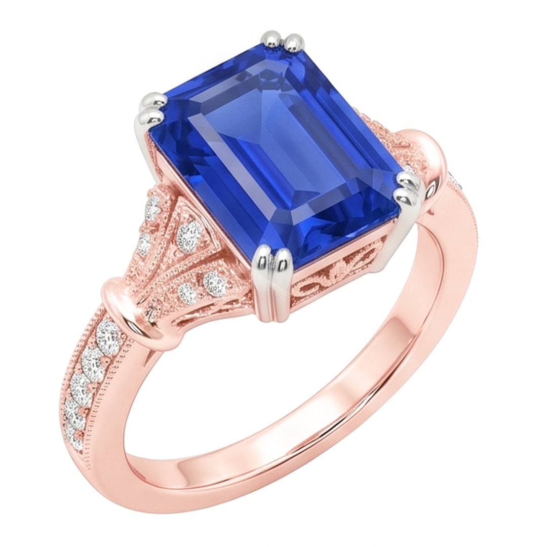 Bague de fiançailles saphir style vintage diamant rond bicolore 3 carats