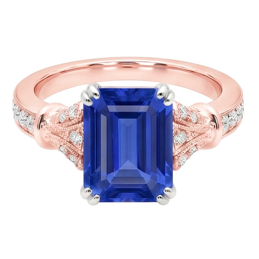 Bague de fiançailles saphir style vintage diamant rond bicolore 3 carats