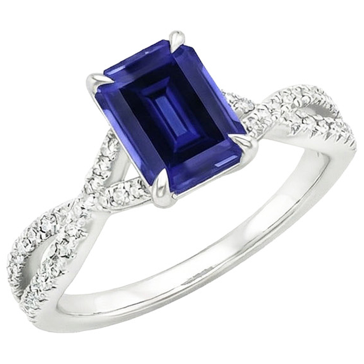 Bague de fiançailles sertie pavé saphir bleu émeraude & diamant 4 carats