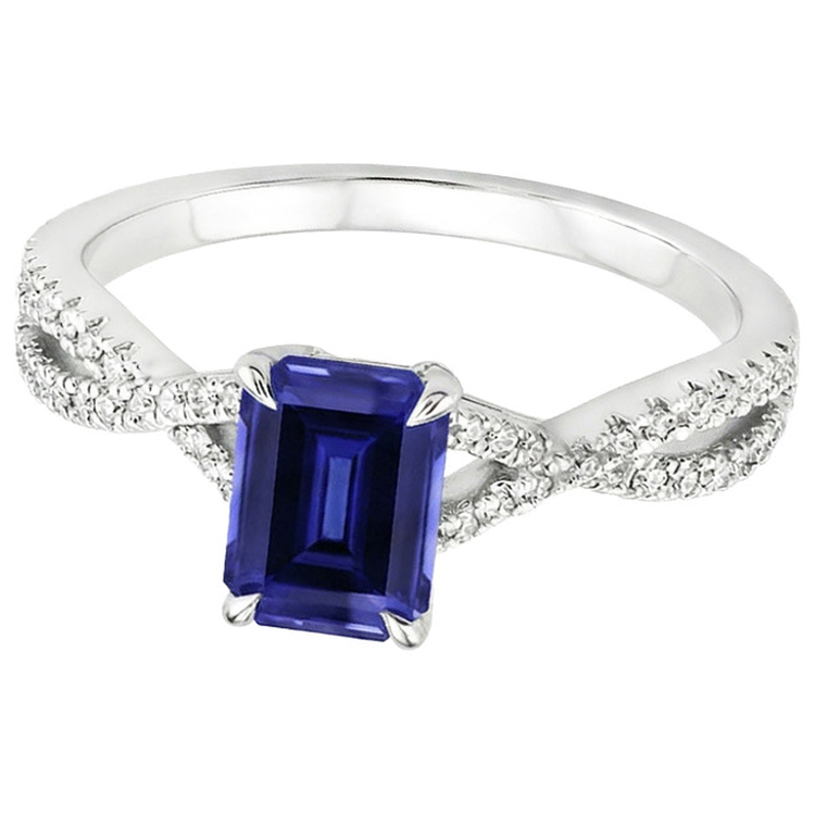 Bague de fiançailles sertie pavé saphir bleu émeraude & diamant 4 carats