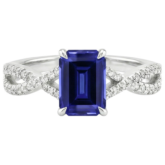 Bague de fiançailles sertie pavé saphir bleu émeraude & diamant 4 carats