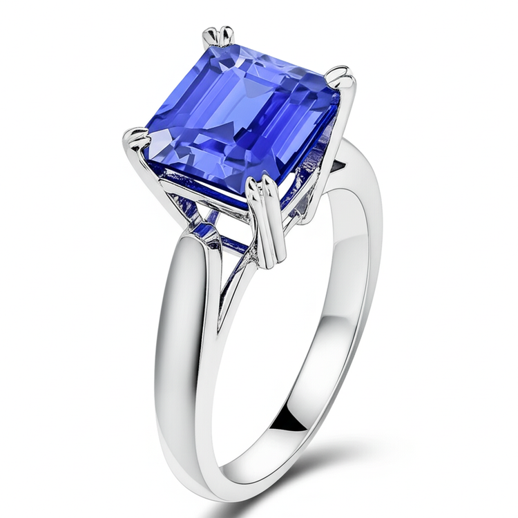 Bague de fiançailles solitaire avec saphir bleu et émeraude 2 carats sertie de griffes