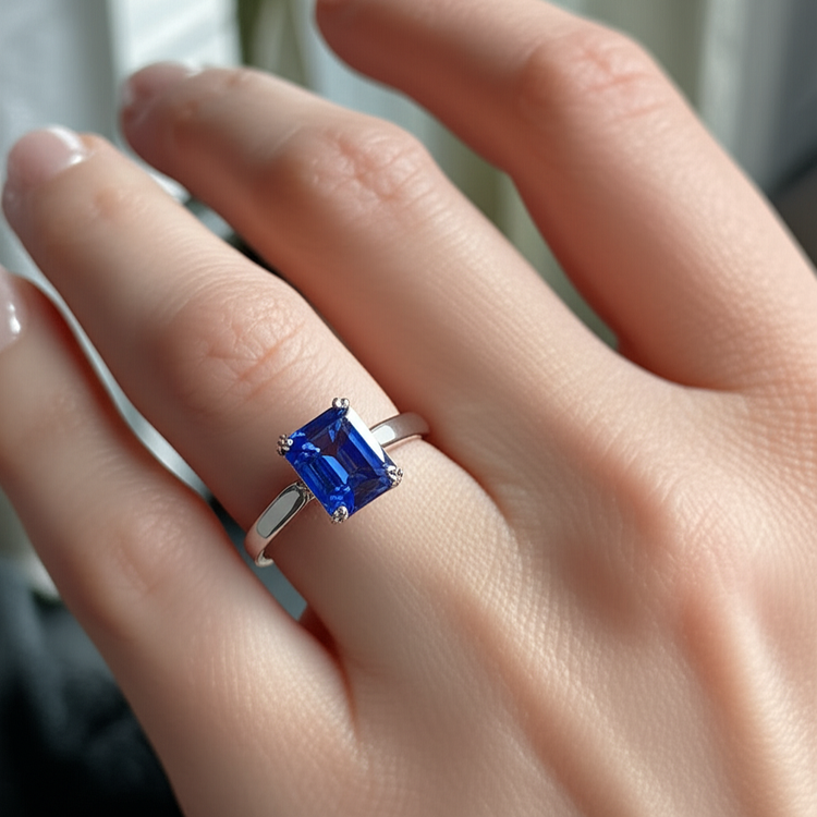 Bague de fiançailles solitaire avec saphir bleu et émeraude 2 carats sertie de griffes