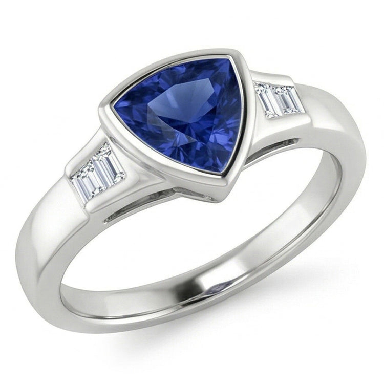Bague de fiançailles trillion de diamants saphir bleu de Ceylan 1.26 ct
