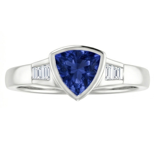 Bague de fiançailles trillion de diamants saphir bleu de Ceylan 1.26 ct