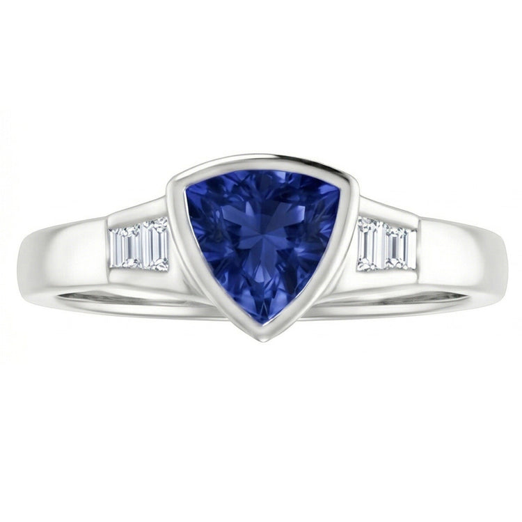 Bague de fiançailles trillion de diamants saphir bleu de Ceylan 1.26 ct