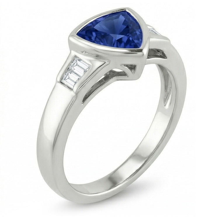 Bague de fiançailles trillion de diamants saphir bleu de Ceylan 1.26 ct