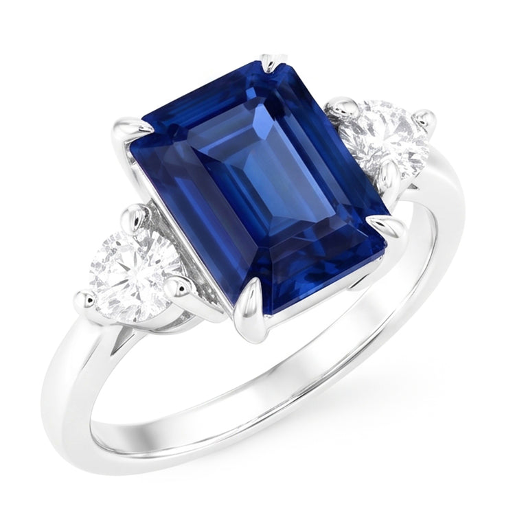 Bague de fiançailles trois pierres émeraude saphir du Sri Lanka 2.50 carats