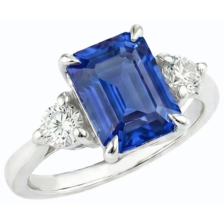 Bague de fiançailles trois pierres émeraude saphir du Sri Lanka 2.50 carats