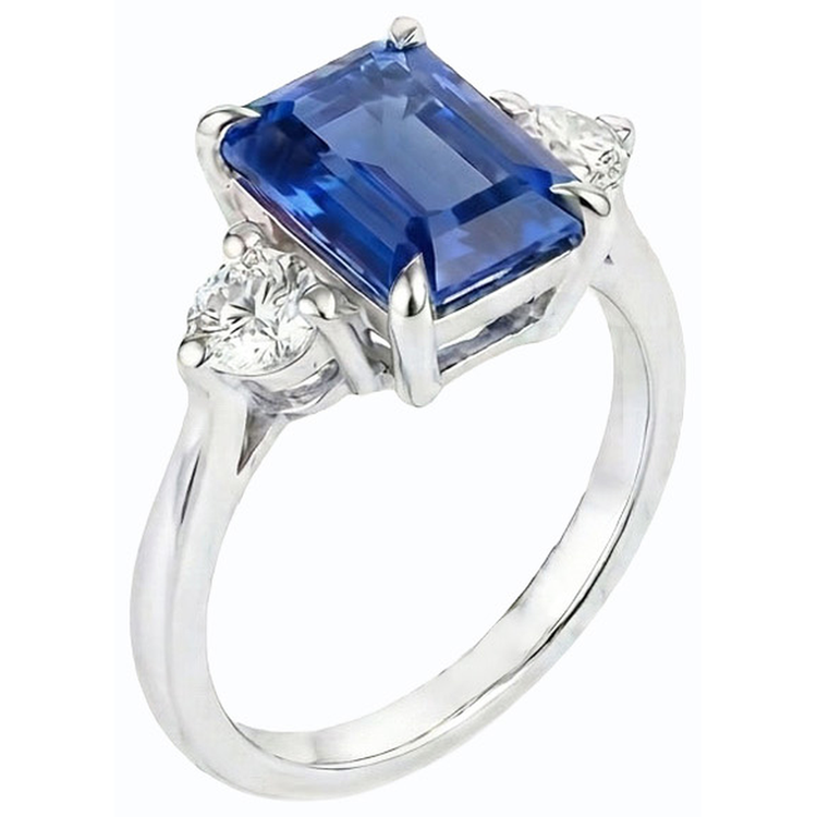 Bague de fiançailles trois pierres émeraude saphir du Sri Lanka 2.50 carats