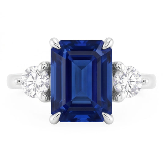 Bague de fiançailles trois pierres émeraude saphir du Sri Lanka 2.50 carats
