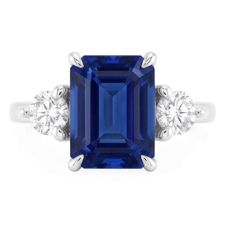 Bague de fiançailles trois pierres émeraude saphir du Sri Lanka 2.50 carats