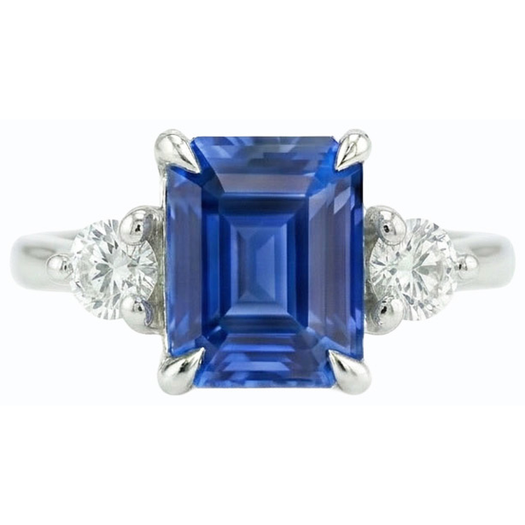 Bague de fiançailles trois pierres émeraude saphir du Sri Lanka 2.50 carats