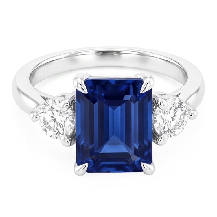 Bague de fiançailles trois pierres émeraude saphir du Sri Lanka 2.50 carats