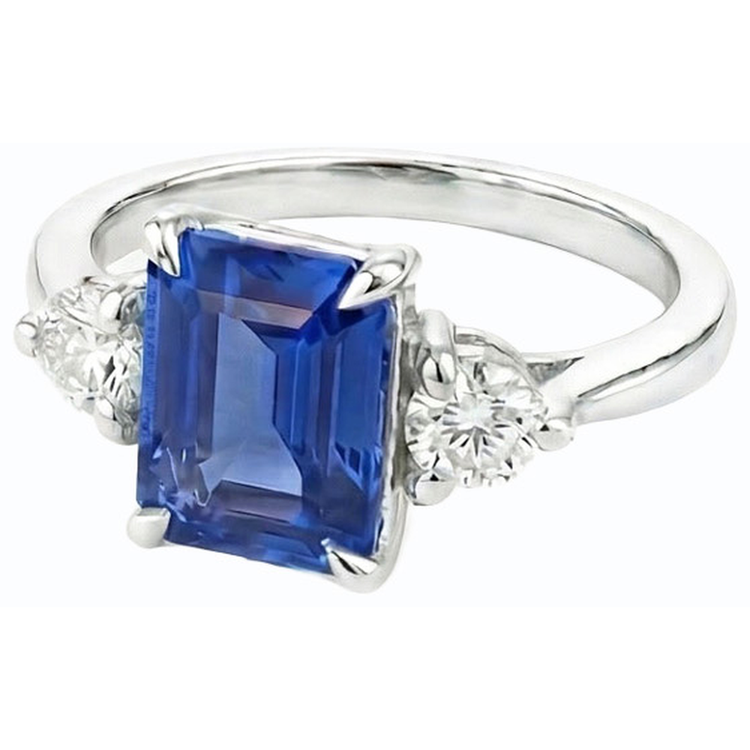 Bague de fiançailles trois pierres émeraude saphir du Sri Lanka 2.50 carats