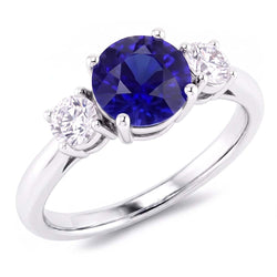 Bague de fiançailles trois pierres rondes saphir bleu 2.50 carats diamants