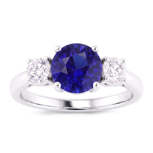 Bague de fiançailles trois pierres rondes saphir bleu 2.50 carats diamants