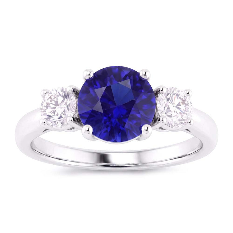 Bague de fiançailles trois pierres rondes saphir bleu 2.50 carats diamants