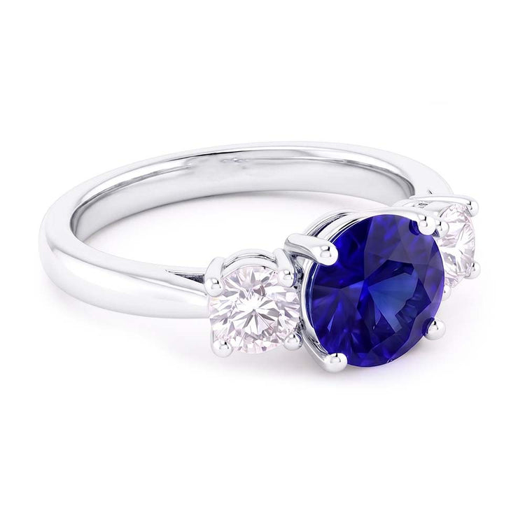 Bague de fiançailles trois pierres rondes saphir bleu 2.50 carats diamants