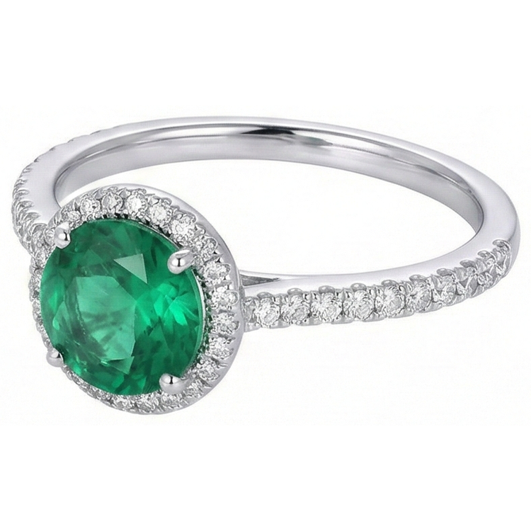 Bague de fiançailles verte Coupe Ronde émeraude Vert diamant or blanc 14K 5 ct