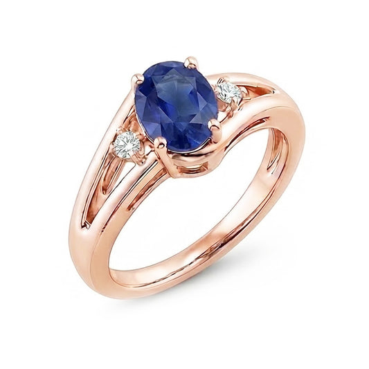Bague de mariage 3 pierres en or rose 2.25 carats bijoux saphir bleu ovale