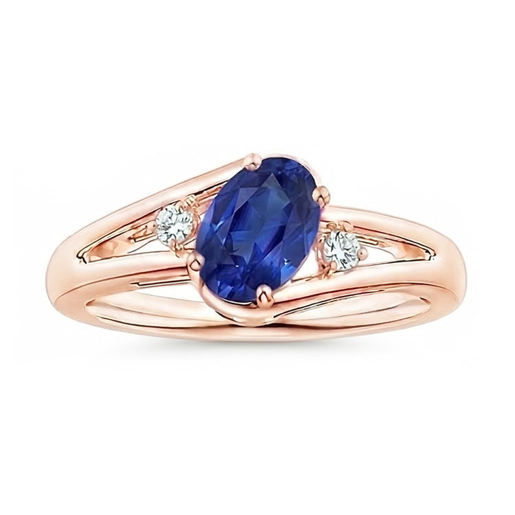Bague de mariage 3 pierres en or rose 2.25 carats bijoux saphir bleu ovale