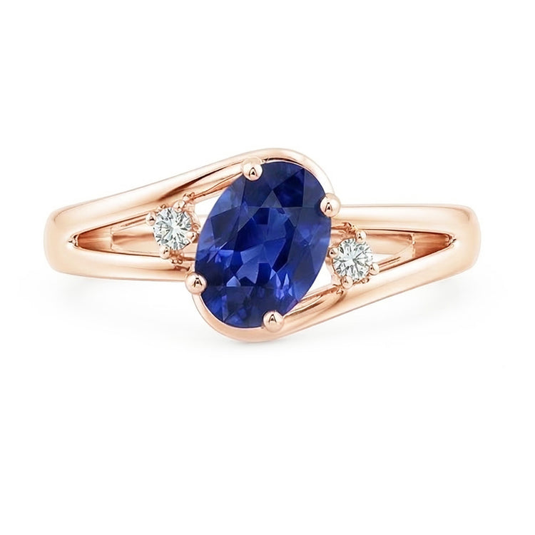 Bague de mariage 3 pierres en or rose 2.25 carats bijoux saphir bleu ovale