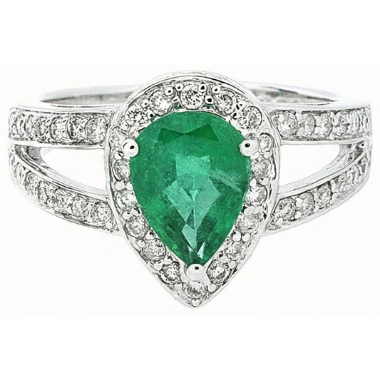 Bague de mariage 6 carats poire vert émeraude avec diamants or blanc 14K