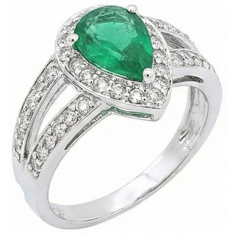Bague de mariage 6 carats poire vert émeraude avec diamants or blanc 14K