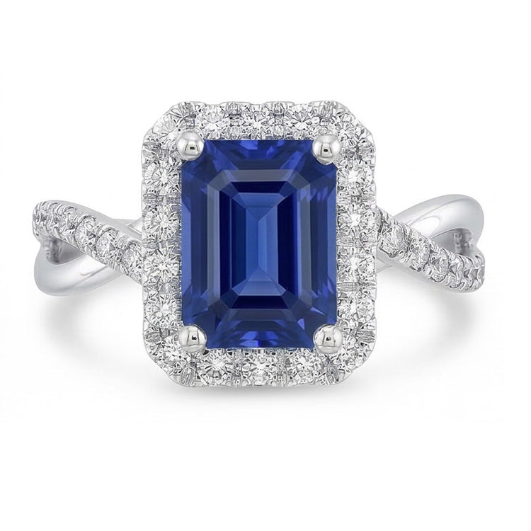 Bague de mariage Halo émeraude Blue Saphir Gold Twisted Shank 3.50 Carats