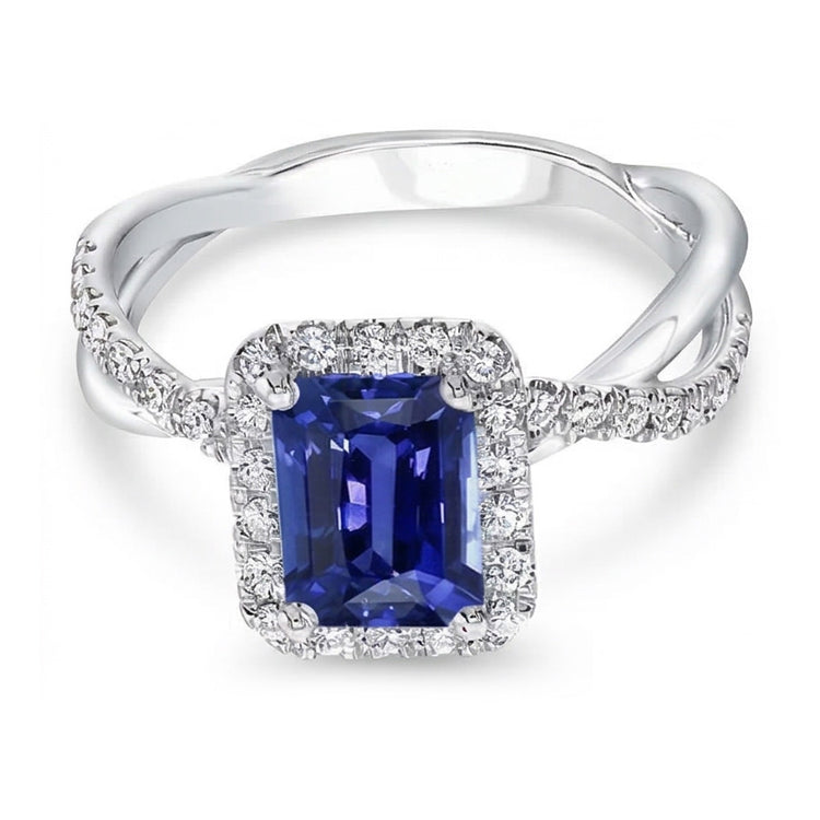 Bague de mariage Halo émeraude Blue Saphir Gold Twisted Shank 3.50 Carats