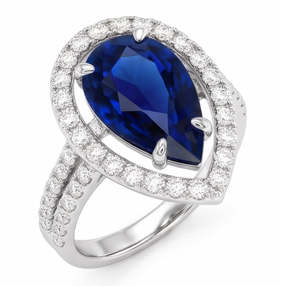 Bague de mariage Halo en or et diamants sertie au centre de saphir bleu poire 4 carats