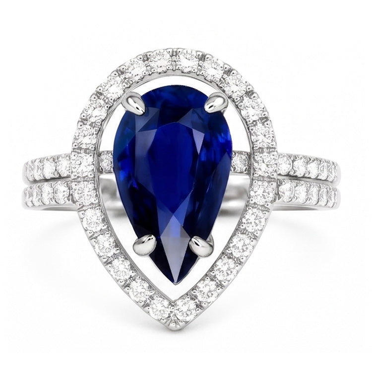 Bague de mariage Halo en or et diamants sertie au centre de saphir bleu poire 4 carats