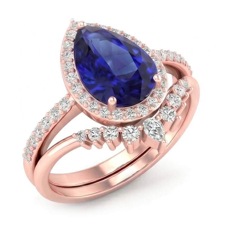 Bague de mariage Halo poire sertie saphir bleu profond et diamants 4.50 carats