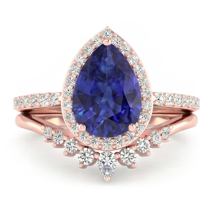 Bague de mariage Halo poire sertie saphir bleu profond et diamants 4.50 carats