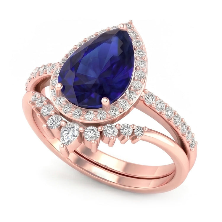 Bague de mariage Halo poire sertie saphir bleu profond et diamants 4.50 carats