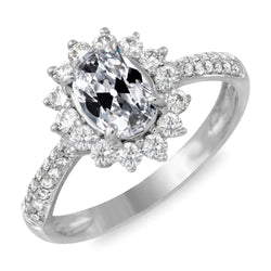Bague de mariage Réel diamant ovale taille ancienne Halo Style fleur or 9 carats