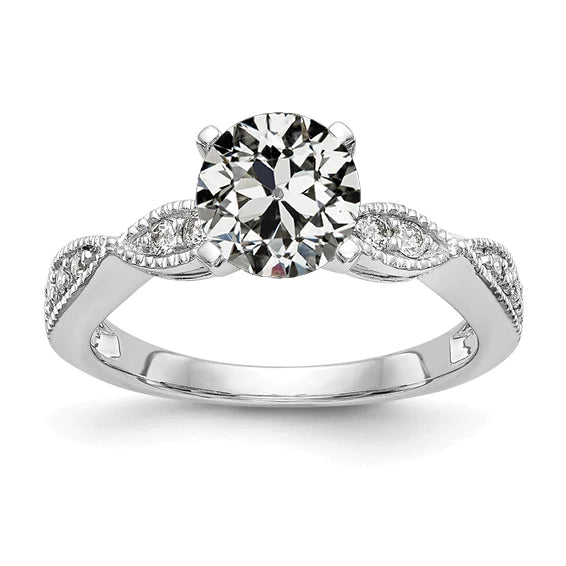 Bague de mariage Réel diamant rond taille ancienne mine 2.75 carats tige millegrain
