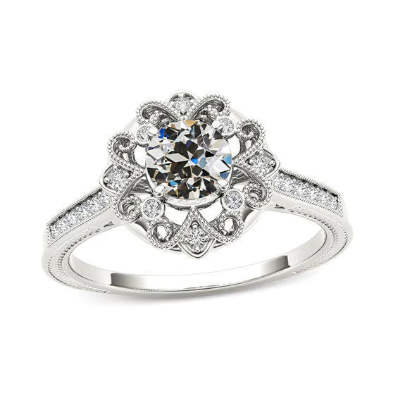 Bague de mariage Réel diamant taille ancienne ronde fleur style antique 2.25 carats