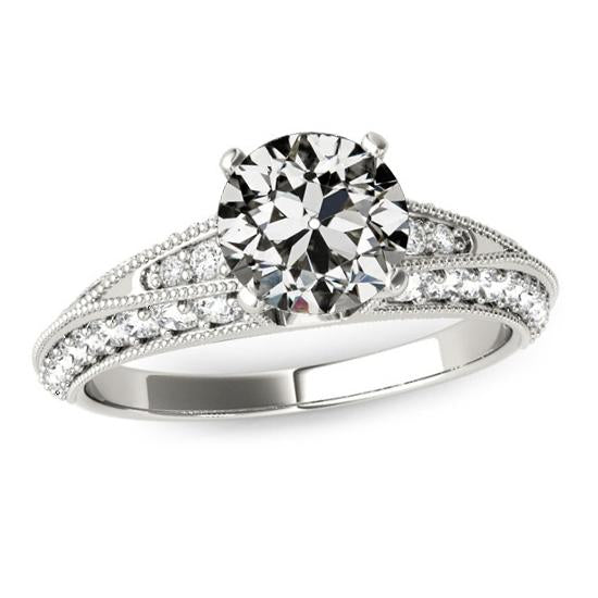 Bague de mariage Véritable diamant rond Vieux mineur Tige Milgrain 3.50 Carats